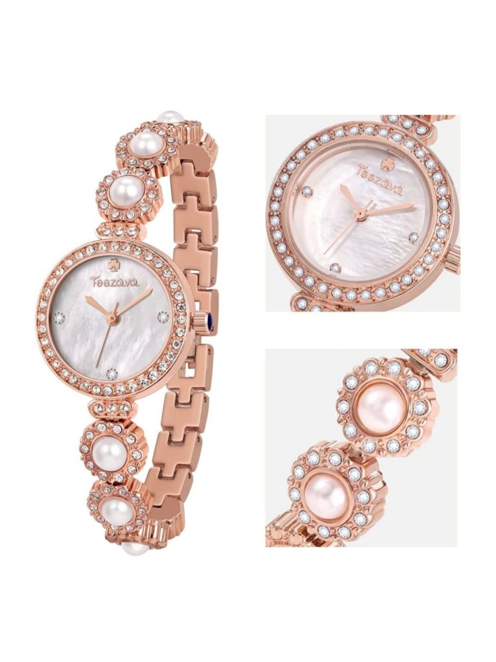 Teezava Women's Rose Gold Pearl Crystal Bracelet Watch with Mother of Pearl Dial